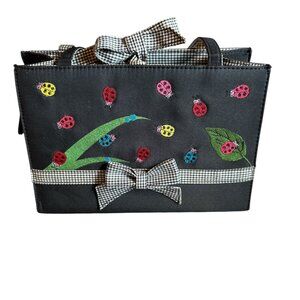 Embroidery Multi-colored and Black Ladybug Purse w/checkered Bow and Straps